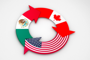 circular arrow graphic with US, Canada and Mexico flags as coloring