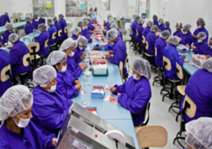 workers in sterile garb sitting at long tables assembing medical equipment