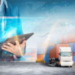 Global business and Smart technology concept, International trade, Digital screen of logistics network distribution and container cargo freight truck, Logistics import export transportation background