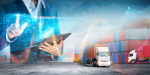 Global business and Smart technology concept, International trade, Digital screen of logistics network distribution and container cargo freight truck, Logistics import export transportation background